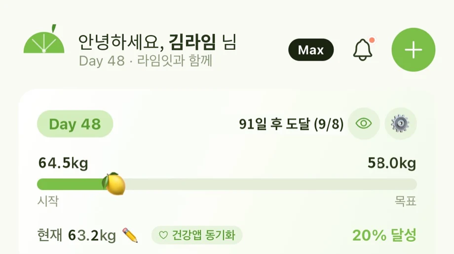 라임잇 홈 진척 트래킹 — 시작 64.5kg에서 목표 58.0kg, 91일 후 도달 (9/8) 예상, 20% 달성